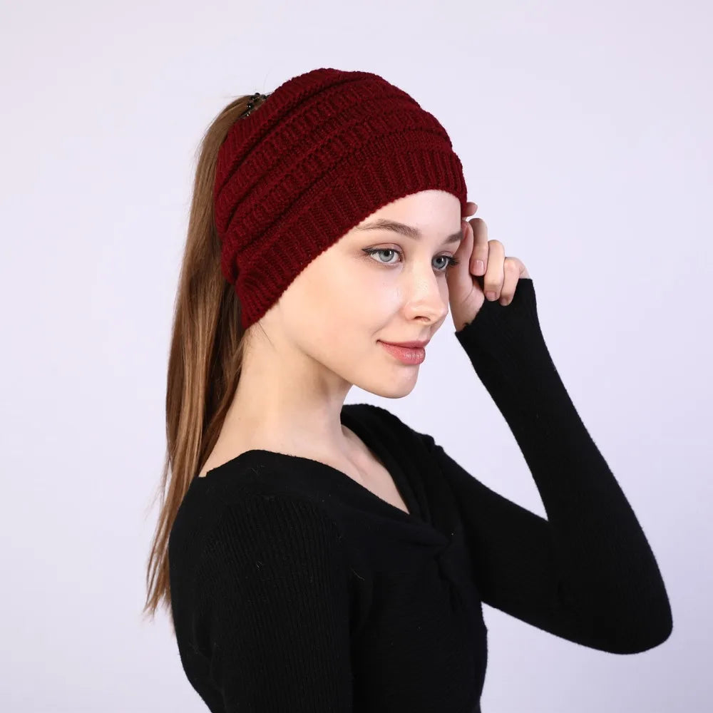hats for women knitted hat cotton winter beanies with ponytails black knit fleece pink Autumn Solid Color ladies cap