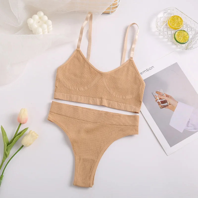 Women Bra Set Sexy Lingerie Female Underwear Set Bralette Ribbed Tops Girls Fashion Brassiere Basic Stretchy Tank Crop Tops
