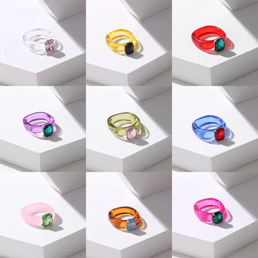 2021 New Colourful Transparent Resin vintage ring simple style Geometric Square Round Rings for Women men unisex Jewelry Gifts