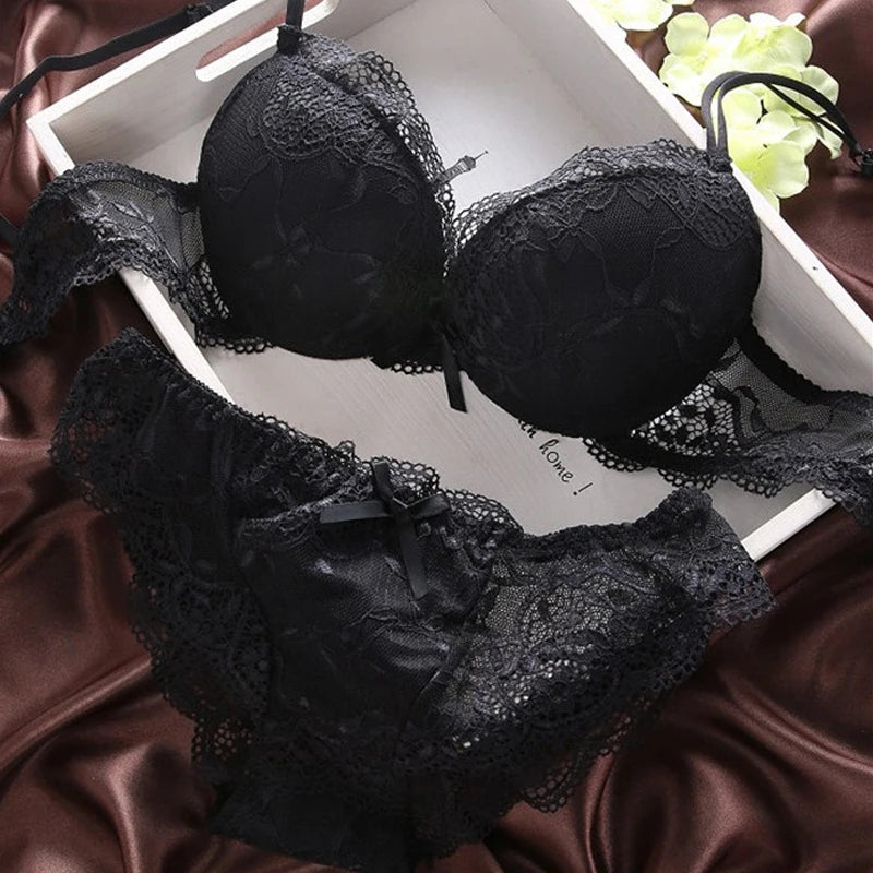 New Women's Push Up Sexy Bra Set  Black Underwear&Panties Comfortable Breathable Bra Set Sexy Good Lace Underwear For Women