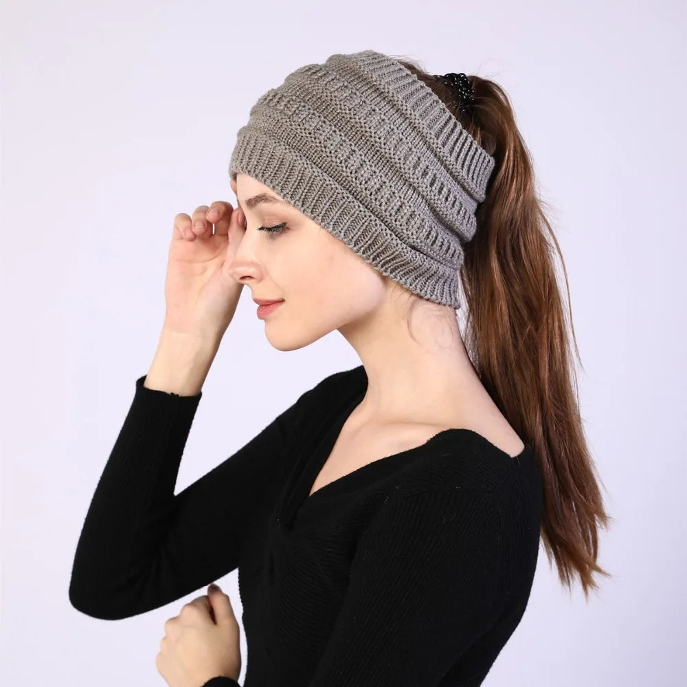 hats for women knitted hat cotton winter beanies with ponytails black knit fleece pink Autumn Solid Color ladies cap
