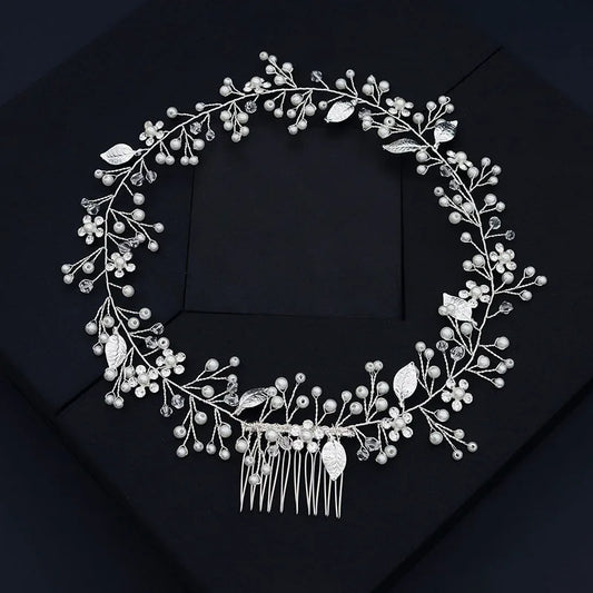 SLBRIDAL Handade Alloy Leaf Crystal Rhinestones Bridal Hairbands With Comb Wedding Headband Hair accessories Bridesmaids Jewelry