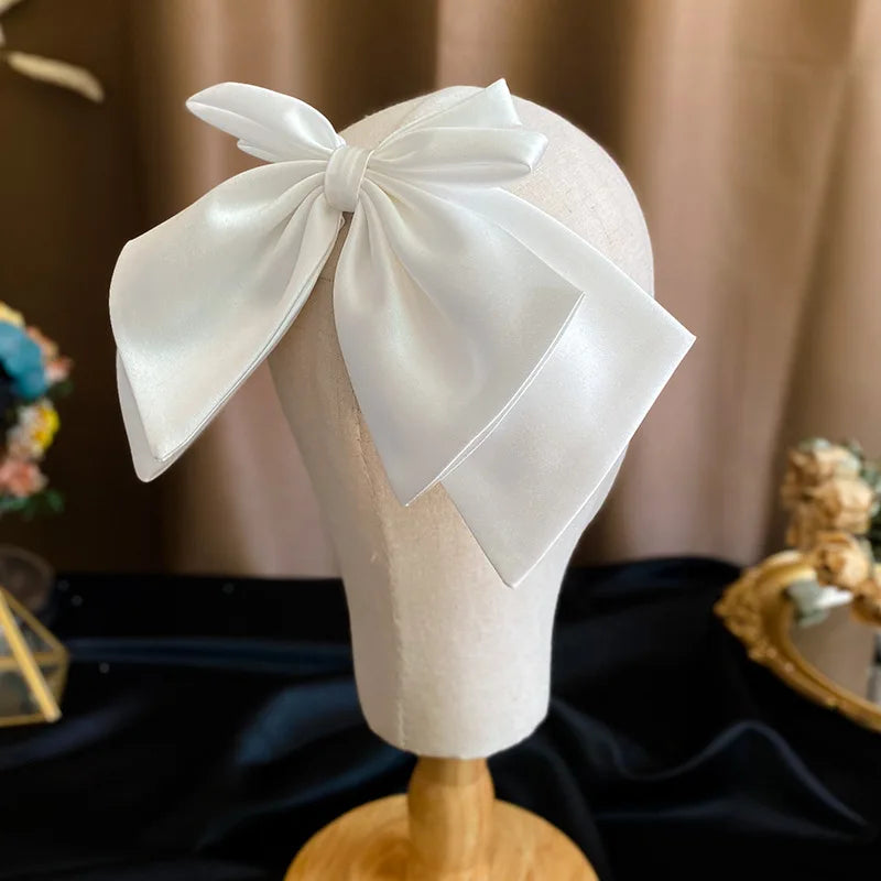 Bridal White Satin Bow Barrettes Wedding  Side Clip  Headdress Elegant  hair accessories for women