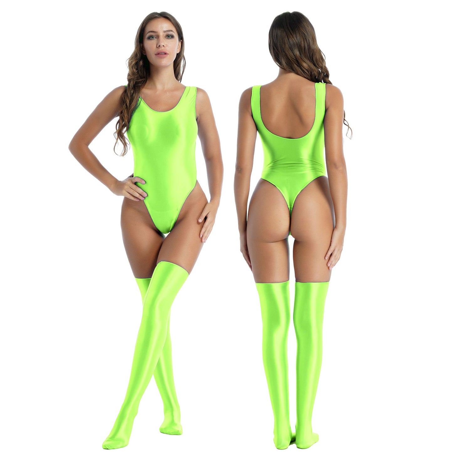 Women Sexy High Cut Bodysuit with Stocking Outfits Metallic Glossy Sleeveless Stretchy Tights One-piece Swimsuit Clubwear