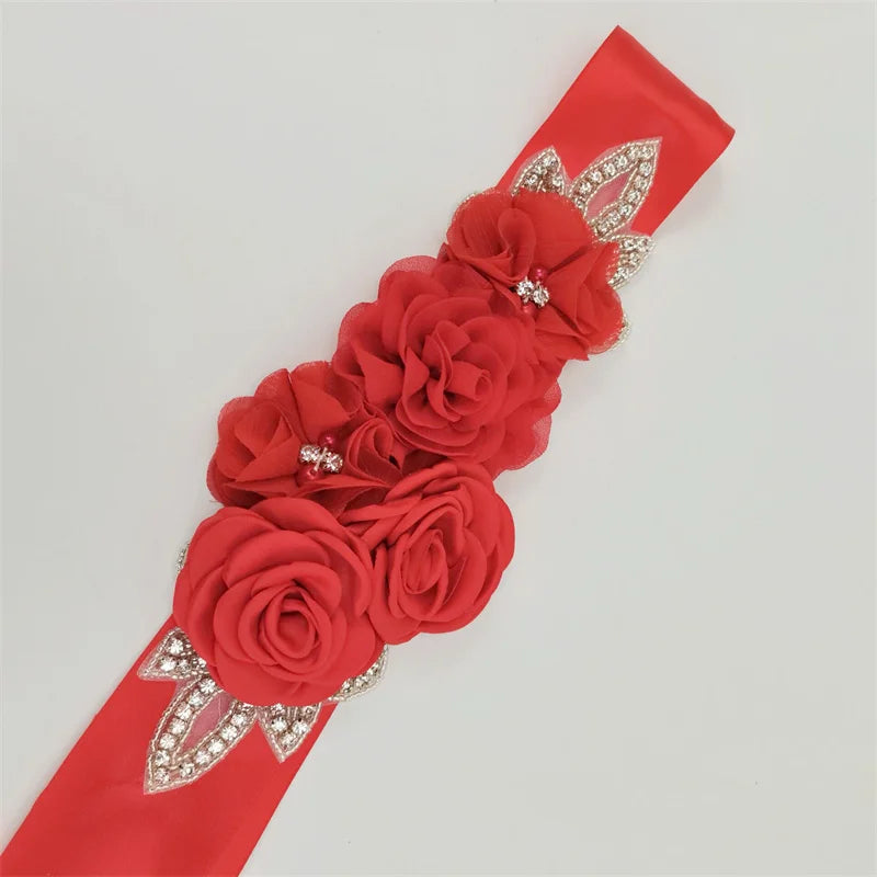 Hot sale wedding belt silk rose belt bridal pearl rhinestone flower belt bridal dress beaded handmade rose wedding belt