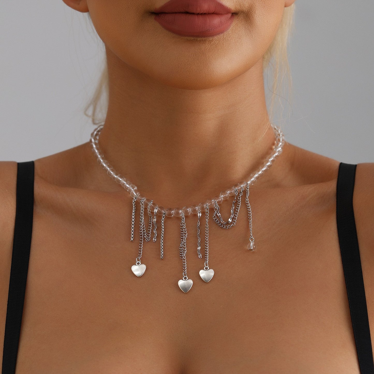 Y2K Heart Beaded Necklace Women Boho Irregular Crystal Class Gravel Clavicle Chain Cool Y2K Choker Exquisite Fashion Jewelry