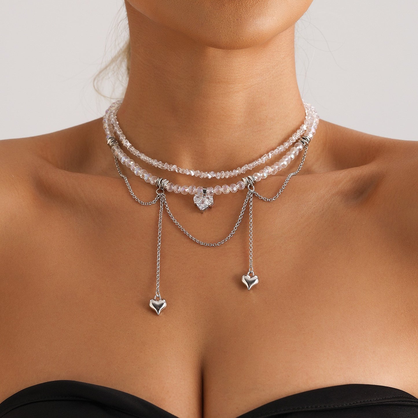 Y2K Heart Beaded Necklace Women Boho Irregular Crystal Class Gravel Clavicle Chain Cool Y2K Choker Exquisite Fashion Jewelry