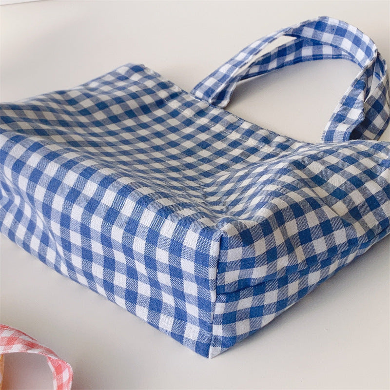 Portable Women's Bento Handbags Simple Plaid Ladies Small Tote Purse Shoulder Bags Retro Female Cloth Reusable Shopping Bag