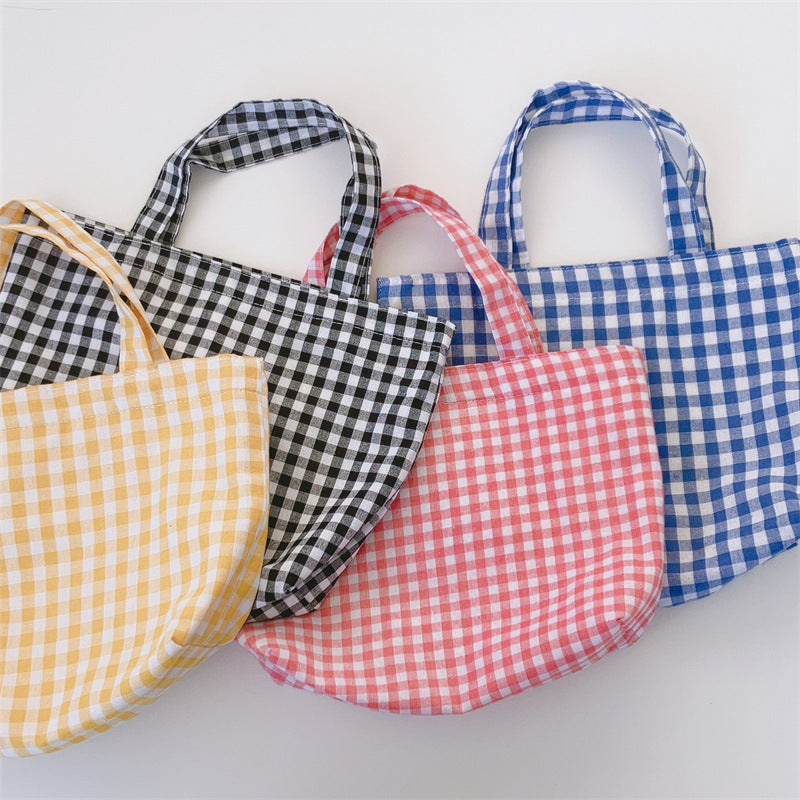 Portable Women's Bento Handbags Simple Plaid Ladies Small Tote Purse Shoulder Bags Retro Female Cloth Reusable Shopping Bag