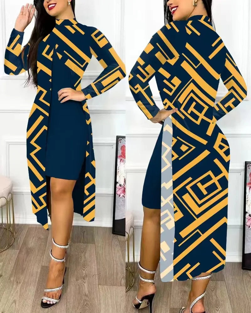 Two Piece Set Women Print Dresses Sets Full Sleeve Half High Collar Split Cardigan Dress Suits Elegant A Line Office Lady Y2k