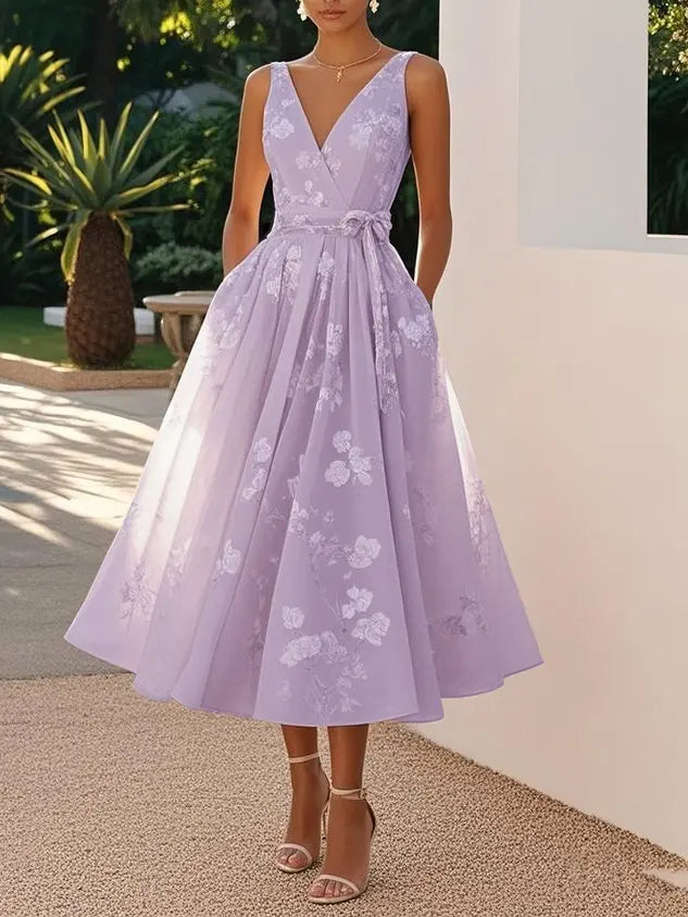 Stylish Temperament Printed Dress Elegant V-neck Mesh Sleeveless Waist Cinched Bow Dress Summer Women Long Dress Formal Dress