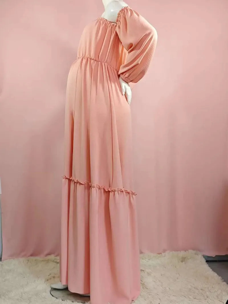 Maternity Photoshoot Dress - Sexy Off-Shoulder Gown Playful Puff Sleeves & Leg-Baring Slit Clothes for Pregnant Women Photograph