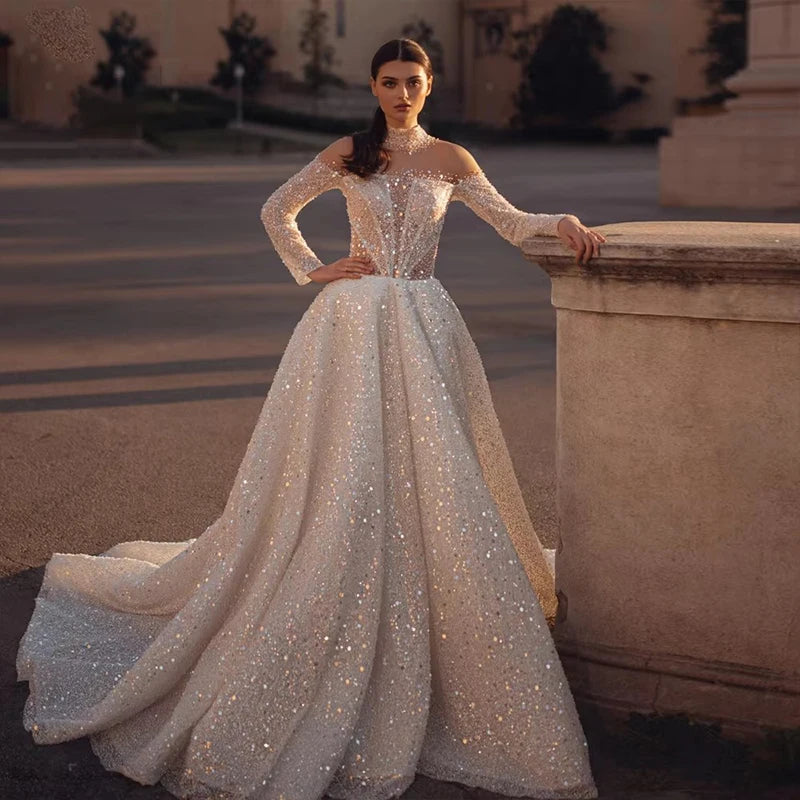 Fully Beaded Wedding Dress Lace With Embroidered A-Line Ball Gown High-Neck Full Sleeve Bridal Dress  Button Vestido De Novia