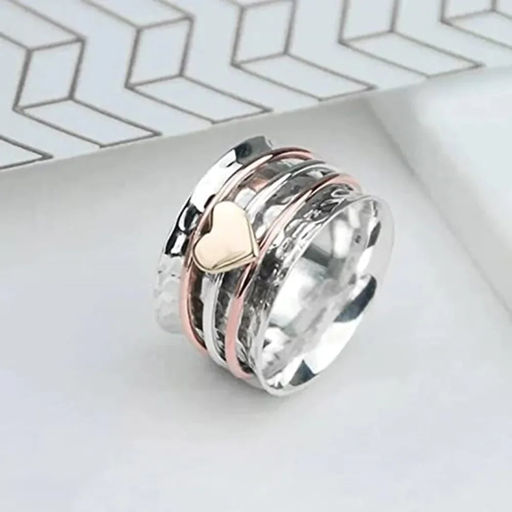 КольцаженскиеRomantic Heart Rotating Relief Ring Vintage Plain Hammered Design Spinners Rings Love Ring Birthday Gifts for Women