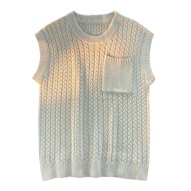 Sweater Vest Men Winter Students Knitwear Harajuku Round Neck Pockets Handsome Casual Streetwear Unisex Preppy Stylish Ins