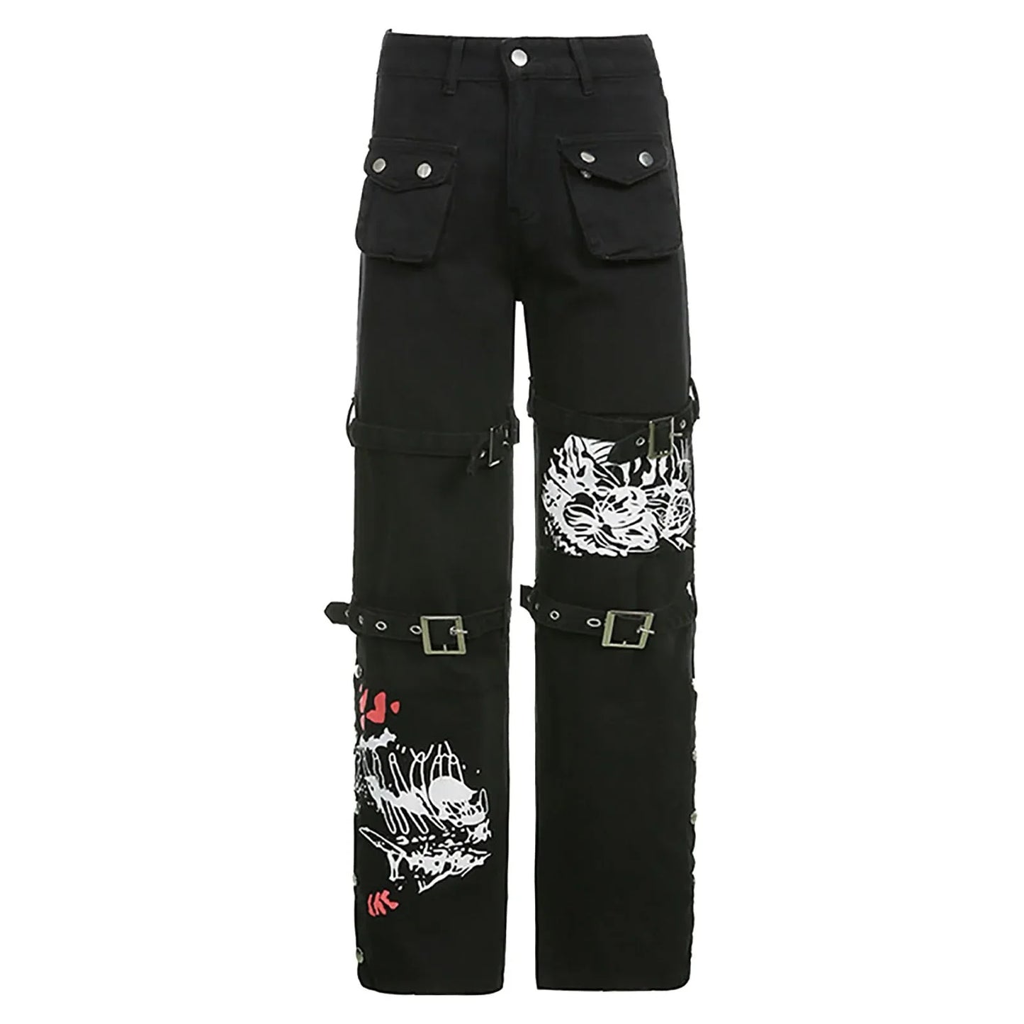Women'S Trousers Low-Rise Gothic Jeans Street Washed Print Style Cool Loop Pants Retro Hip Hop Wide-Leg Pants Fashion