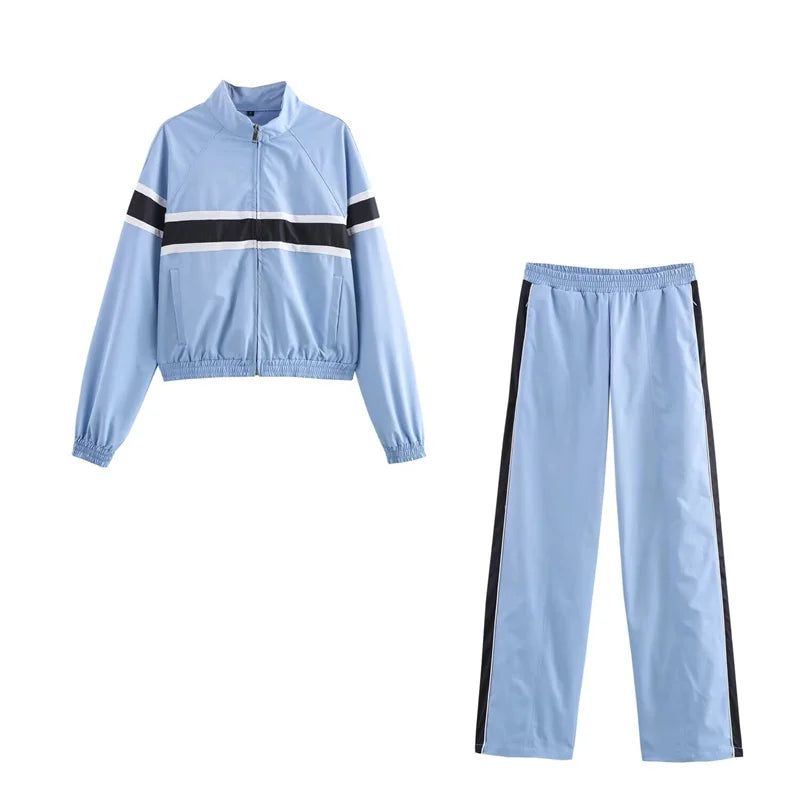Women's Suit 2025 Autumn New Style Blue Long-Sleeve Striped Decorative Jacket and Pants Suit Casual Fashion Everyday Sports