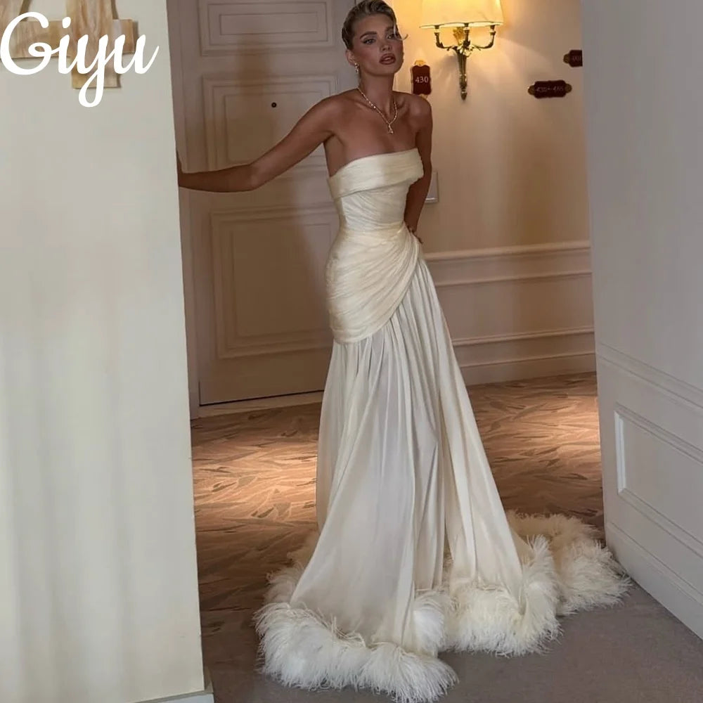 Giyu Elegant Cream Sleeveless Evening Gown Feather Satin A-line Pleat فساتين سهرة Customized Floor-Length Evening Gown