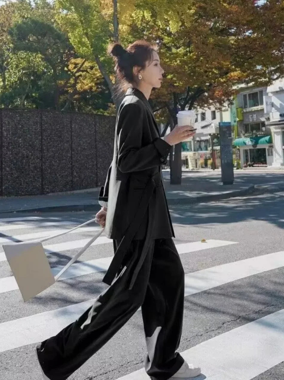 Women's Fashion Office Suit Set Casual Oversized Blazer And Wide Leg Pants Two-Piece Long Sleeve Top Bottoms Combo