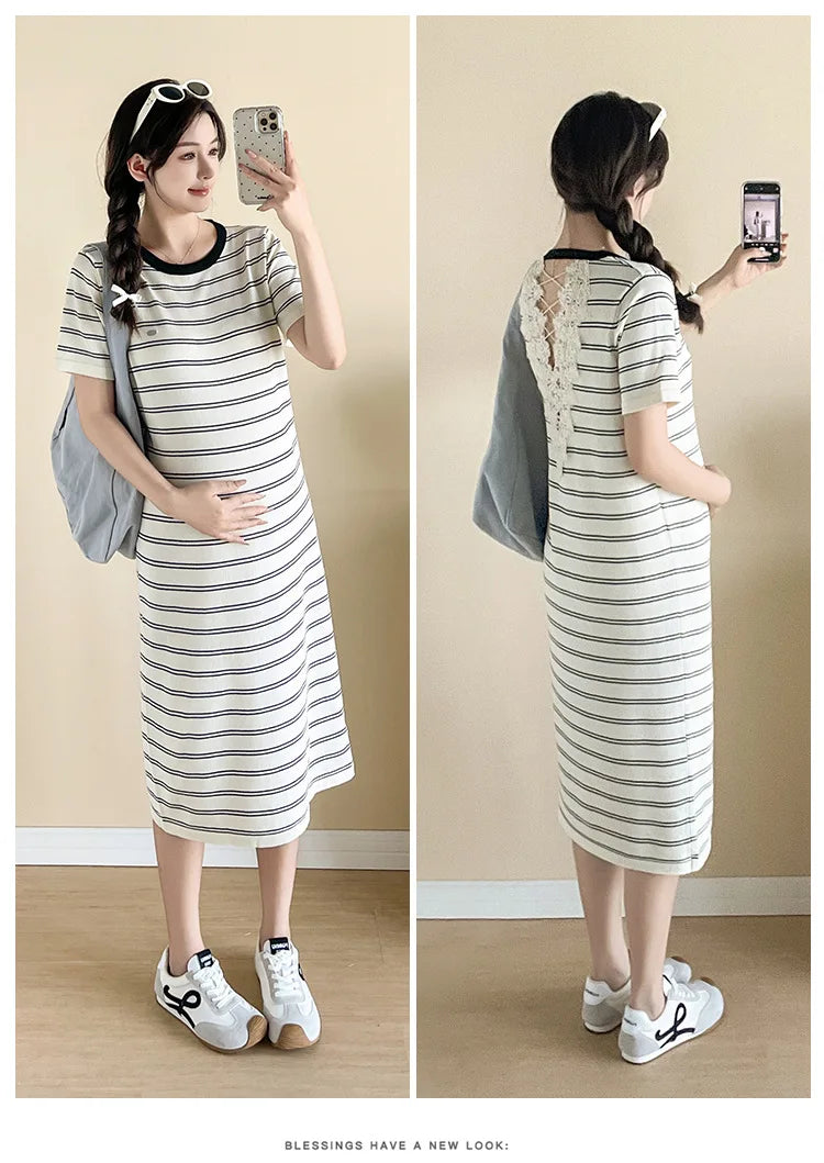 Maternity Dress: Back-Cutout Knit &Lace Maxi - Sophisticated Pregnancy Gown with Designer Details for Fashionable Expecting Moms