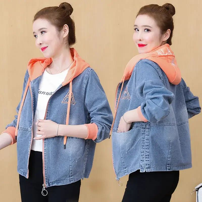 Outerwears Embroidered Spring Autumn Hooded Female Jeans Coat with Print Graphic Women's Denim Jackets Luxury Low Price Harajuku