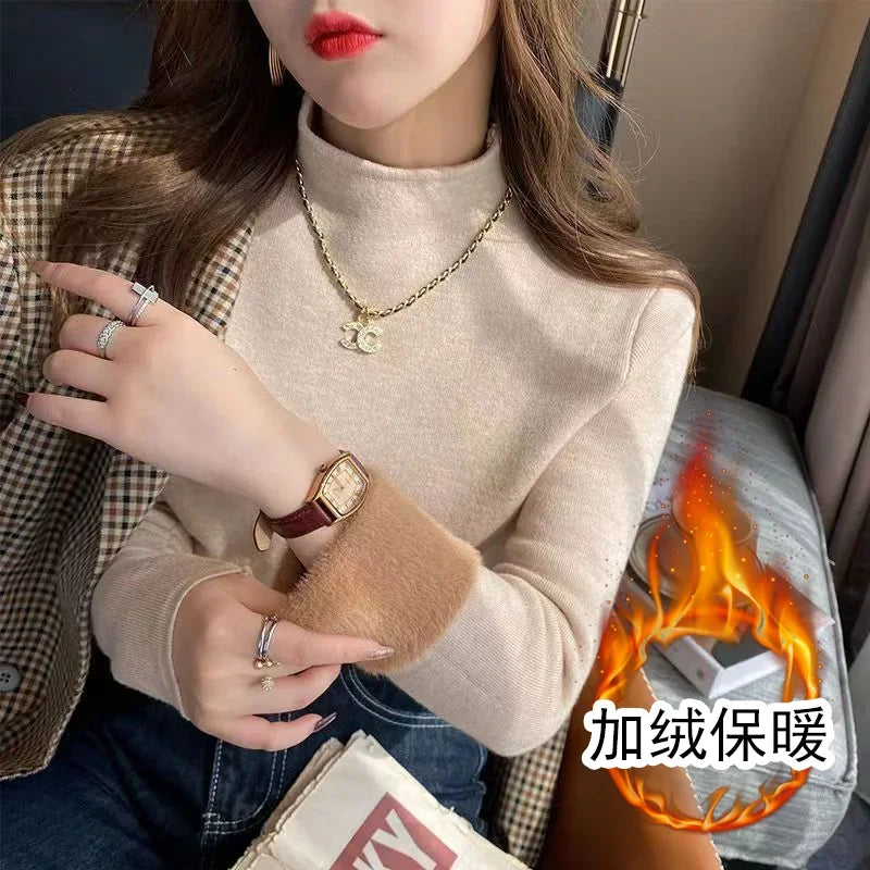 2025 Sweater For Women Casual Thick Warm Knit Plush Velvet Lined Pullover Tops Fall Winter Soft Knitwear Jumper New Slim Poleras