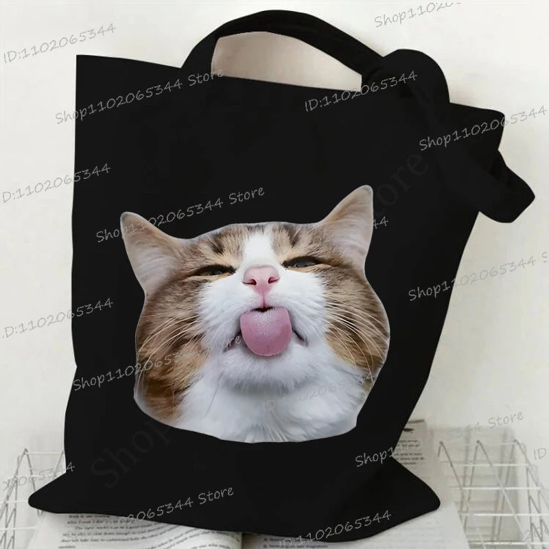 Women's Handbags Meme Cat Funny Canvas Shopping Bags Cartoon Animal Shoulder Bag Folding Reusable Tote Bags For Women Men