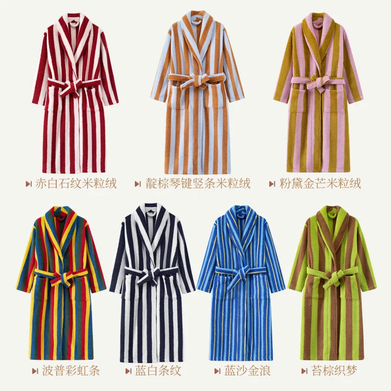 2025 New Autumn/Winter Women's Sleepwear Thick Velvet Warm Robe Couple Coral Velvet Striped Lengthed Home Clothes Bathrobe