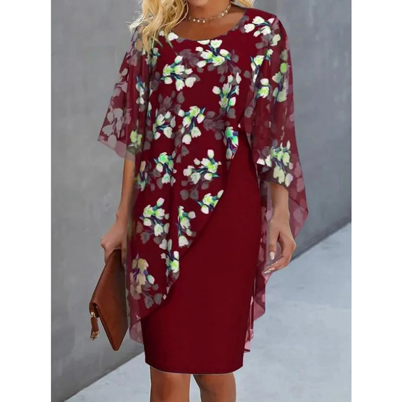 Elegant O-neck Half-sleeved 2-piece Dress For Women Autumn Fashion Irregular Suit Flower Printing Loose Dresses Female