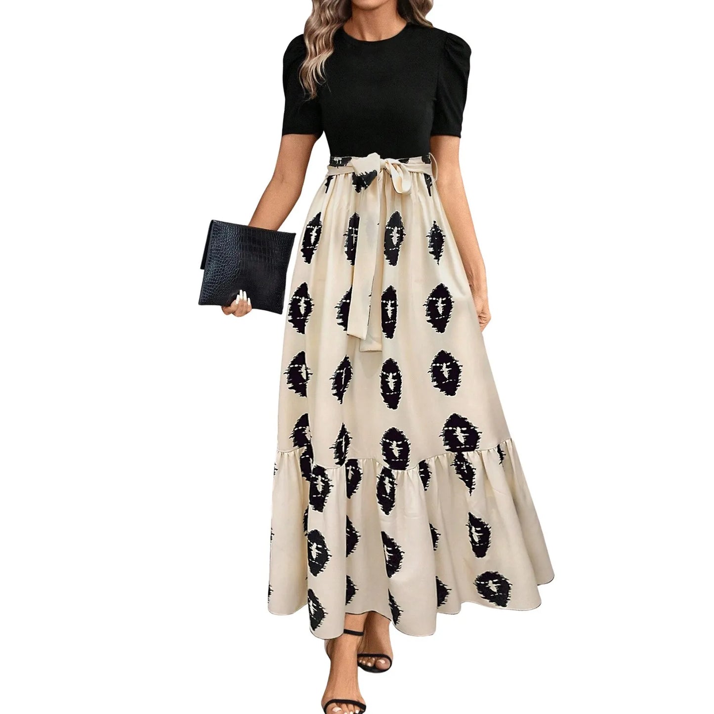 Elegant Women'S Dresses Floral Print High Waist Long Dresses Y2k Short Sleeved Round Neck Office Clothing Vestidos Para Mujer