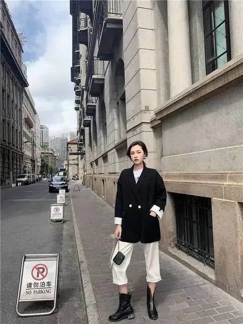 Long Blazers Woman Spring Casual Office Lady Lapel Double-breasted Slim-fit Elegant Solid Color Fashion Outerwear Minimalist