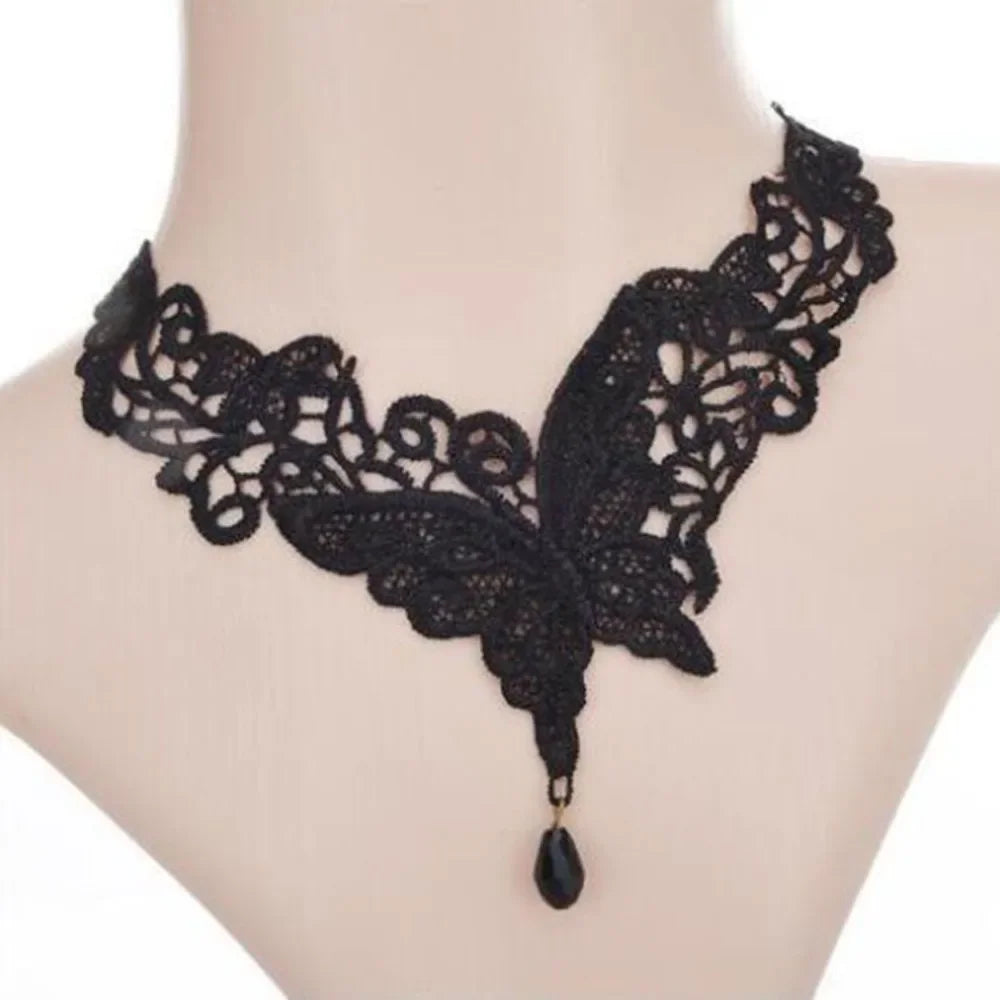 Sexy Black Lace Necklace Vintage Gothic Necklace Steampunk Style Beads Pendant Exquisite Women Choker Fashion Jewelry