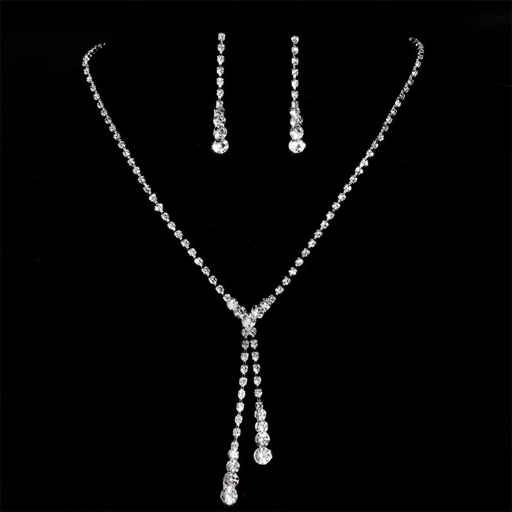 Wedding Dress Crystal Jewelry Set Shiny Banquet Ladies Rhinestone Necklace Earrings Bride Jewelry Gifts