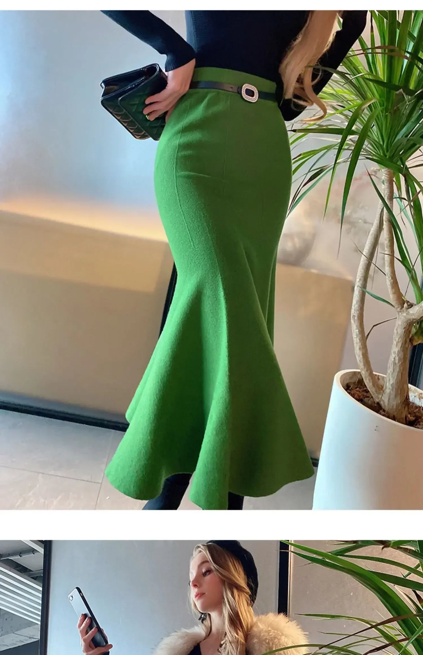 Women's Skirts 2025 Autumn Winter Fashion Knitted Long Skirts for Women Green Vintage Slim Office Lady A-LINE Fishtail Skirt