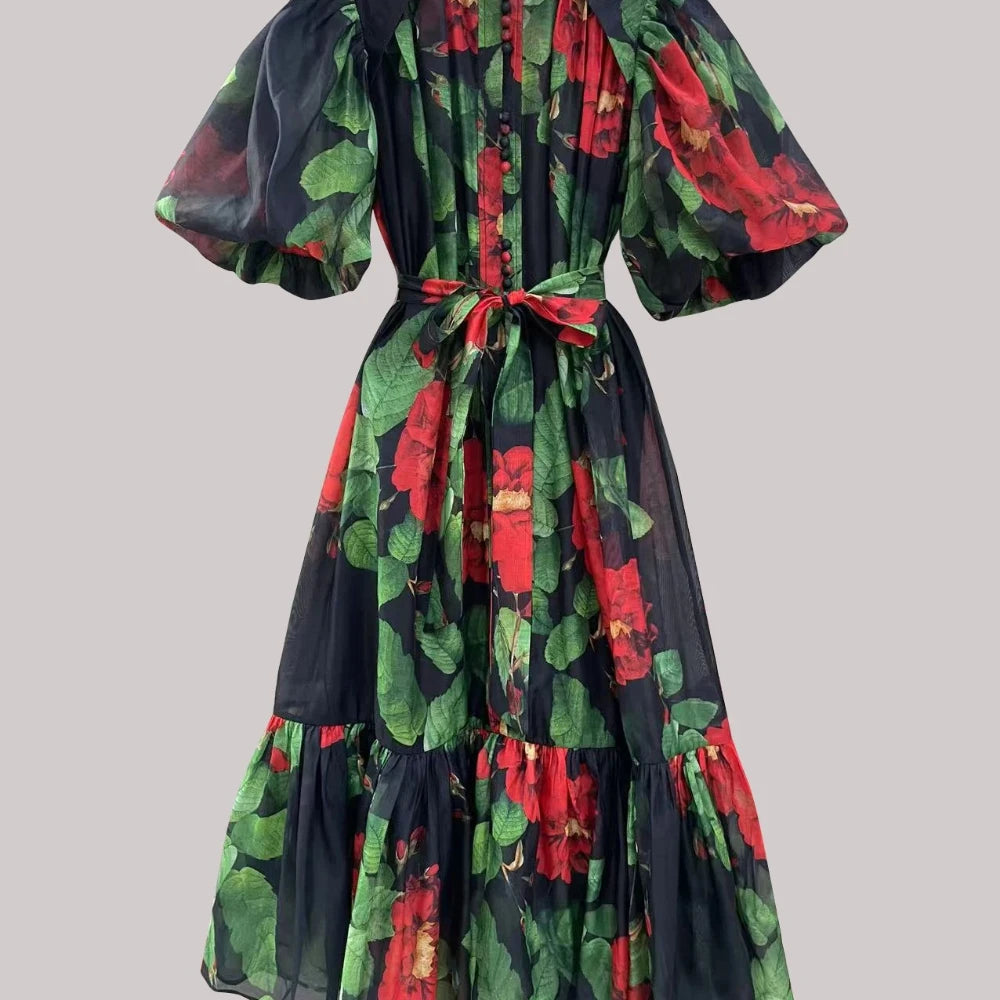 TWOTWINSTYLE Hit Color Spliced Printing Midi Dresses for Women Round Neck Short Sleeves Patchwork Lace Up Elegant Dress Female