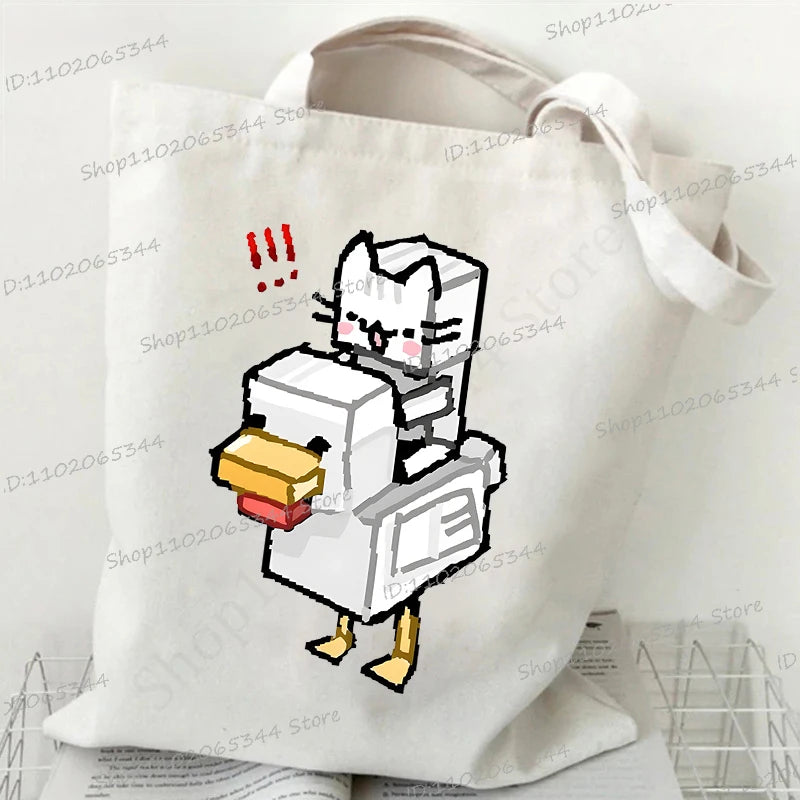 Women's Handbags Meme Cat Funny Canvas Shopping Bags Cartoon Animal Shoulder Bag Folding Reusable Tote Bags For Women Men