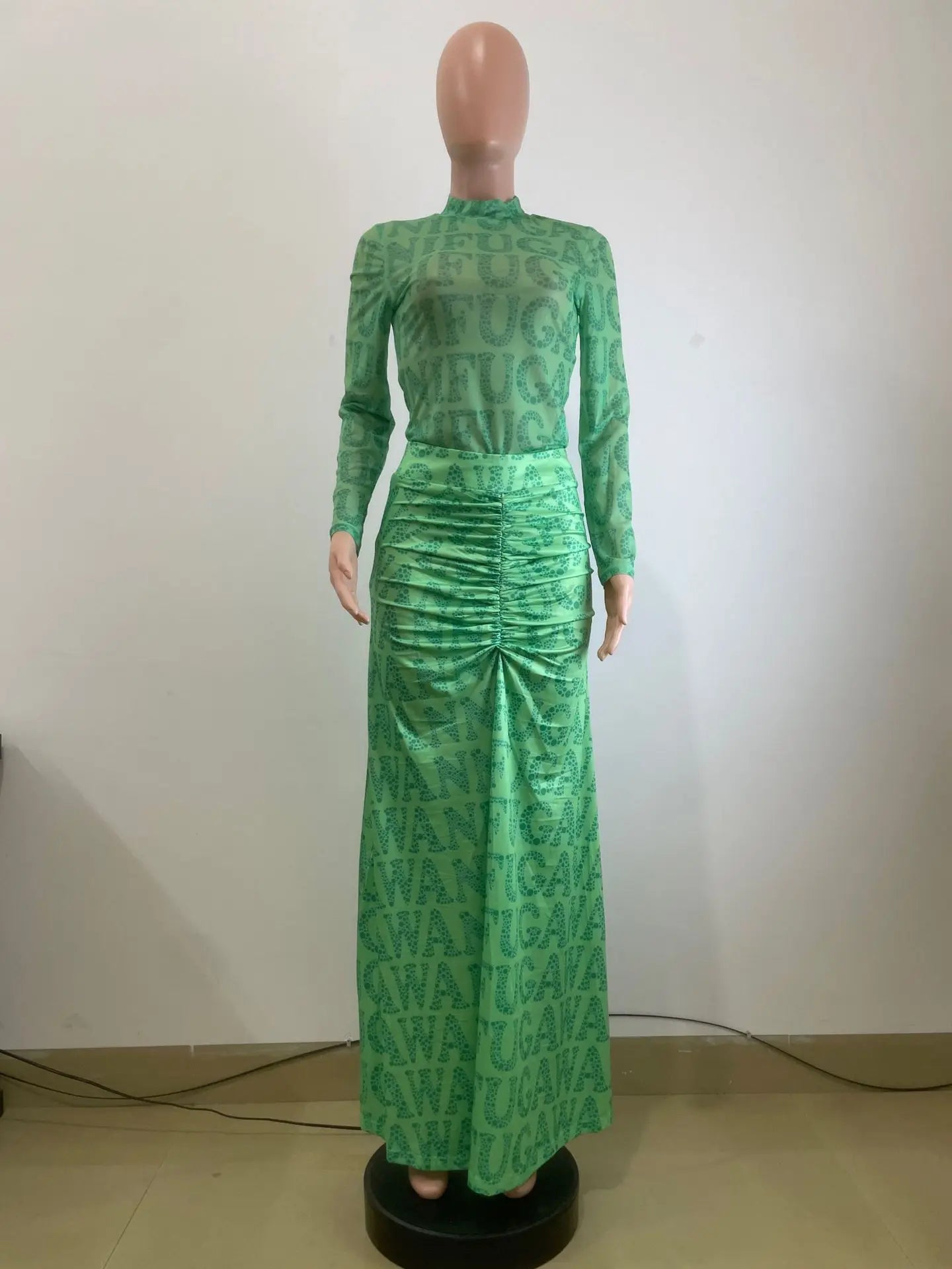 Two Piece Sets Women Skirt Set Print Matching Sets Slim Dress Sets Bodycon Top Floor Length Skirts Casual Pleated Elegant Spring