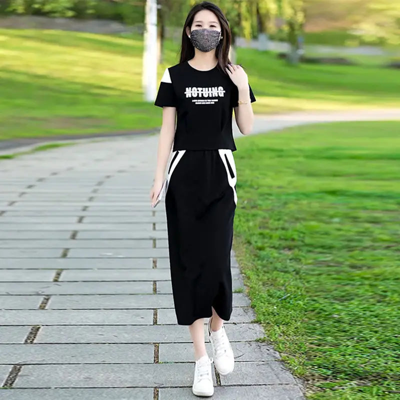 Women's Two Piece Set Short Sleeve Lightly Cooked Slit Skirt Luxury Designer Clothing Y2k Clothes Top and Bottom Female Outfits