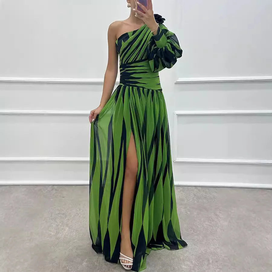 Dress Long Dress 2024 Spring and Autumn New Temperament Fashion Printed Slant Shoulder Split Dress INS Casual Loose Party Dress