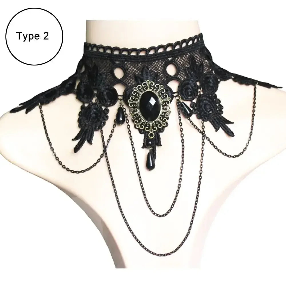 Sexy Black Lace Necklace Vintage Gothic Necklace Steampunk Style Beads Pendant Exquisite Women Choker Fashion Jewelry