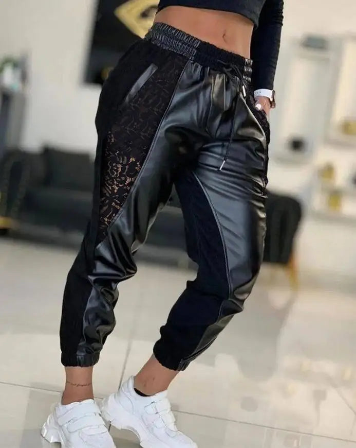Women's Trousers Casual 2024 Summer Fashion Solid Color Contrast PU Lace Insert Pocket Drawstring High Waist Cuffed Pants