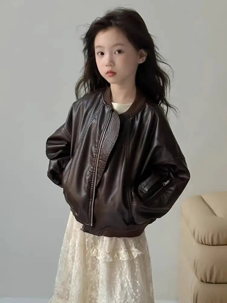 Girls' outerwear Spring and Autumn 2025 New Fashionable Outerwear Short Leather Jacket Autumn Clothing for Children