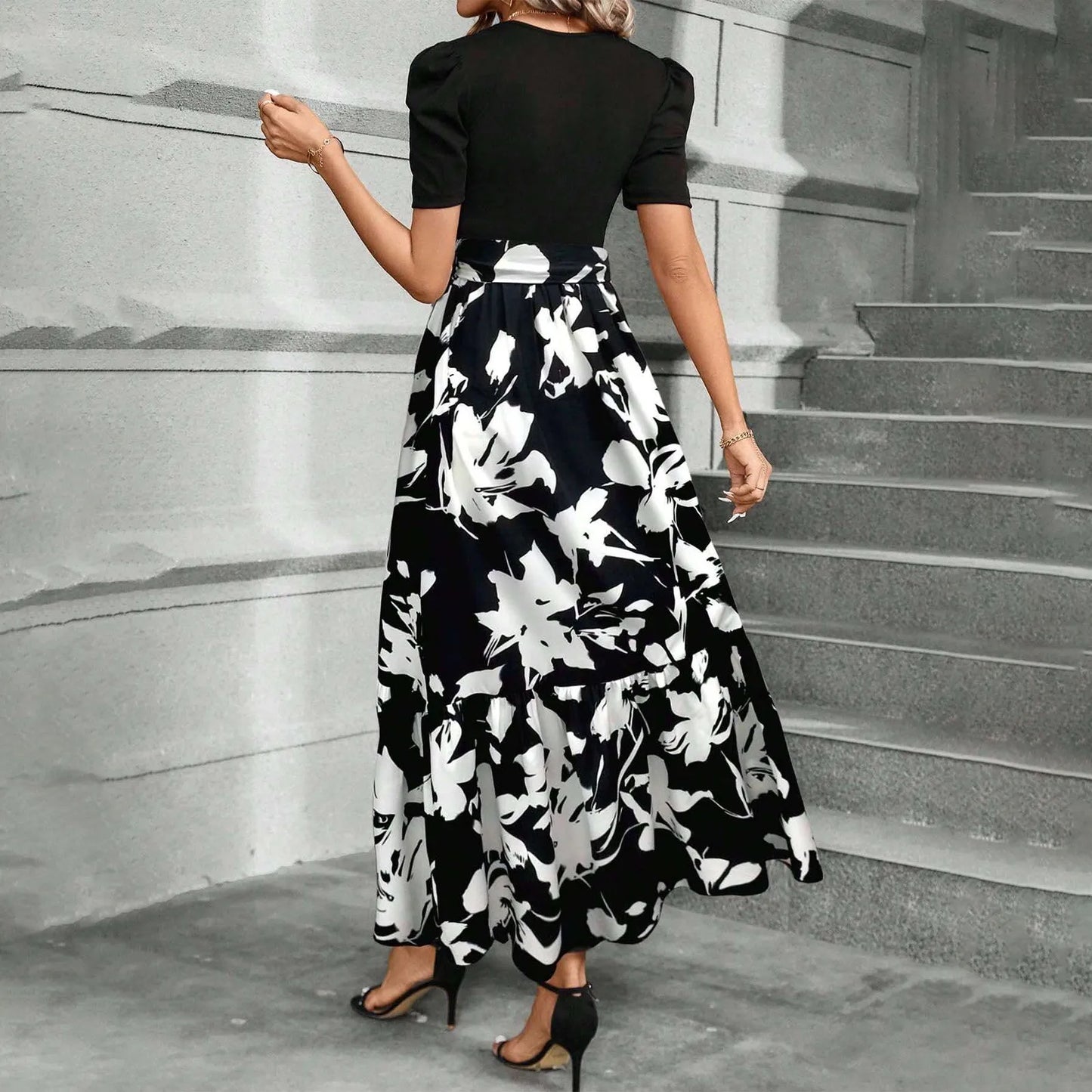 Elegant Women'S Dresses Floral Print High Waist Long Dresses Y2k Short Sleeved Round Neck Office Clothing Vestidos Para Mujer