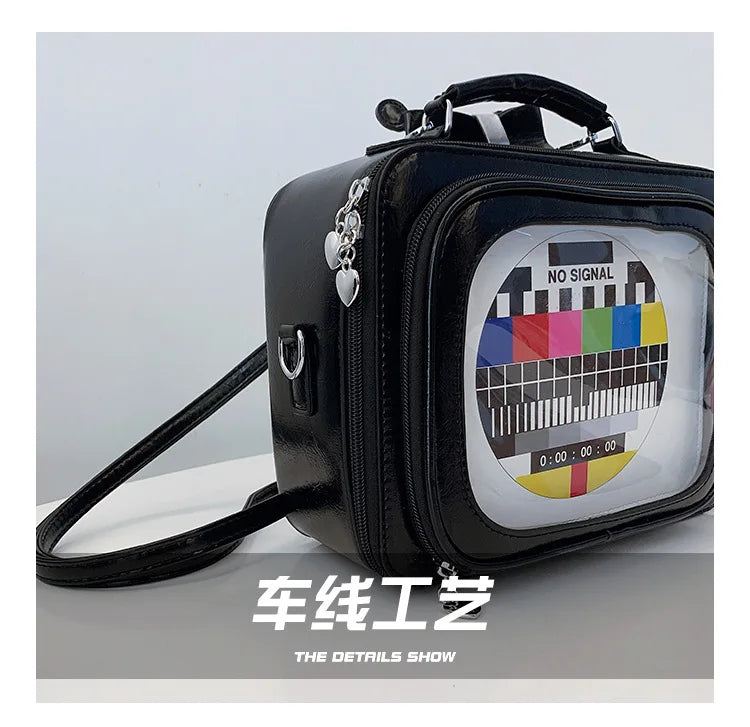 Cartoon Cute Handbags for Women Funny Retro TV Transparent Square Bag Fashion Leather Personalized Creative Shoulder Bag Woman