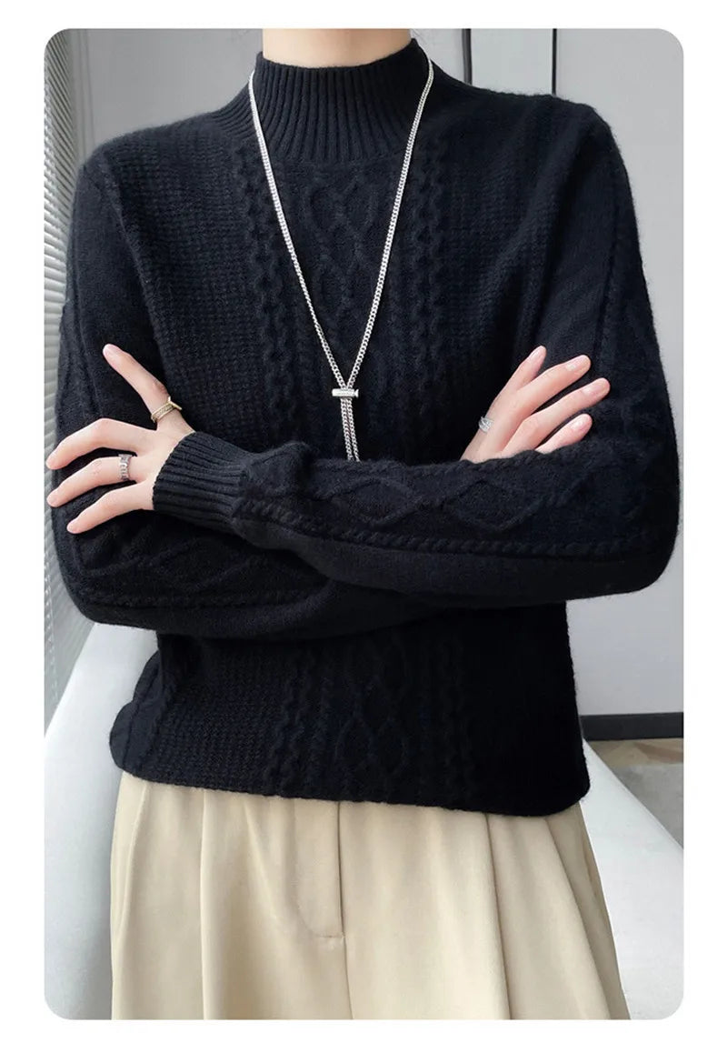 Women's Sweater Spring Autumn Outside Wear Pullovers Half High Collar Knitwear Fashion Long Sleeve Pull Femme Sueter Tops