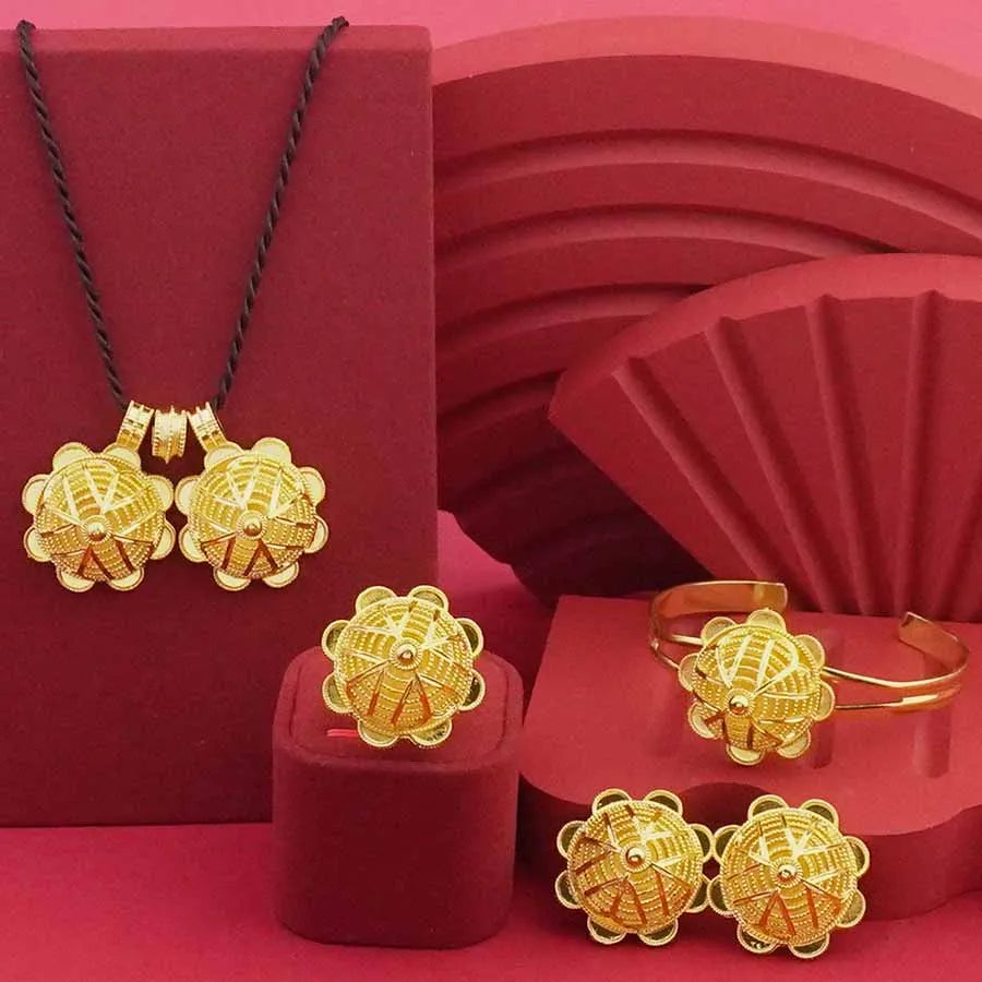 Classic 24K gold-plated jewelry necklace, bracelet, ring, earring flower design women's Habesha wedding gift Ethiopia set