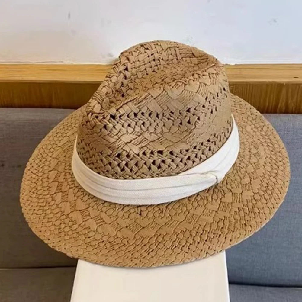 Straw Western Cowboy Hat for Women Men Classic Vintage Hollow Out Unisex Curled Wide Brim Sun Hat Fishing Hat Climbing Cap