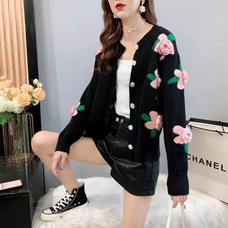 Sweater Female 2023 Spring and Autumn Knitwear Women Heavy Industry Rose Blossom Embroidery Contrast Sweater Coat Cardigan