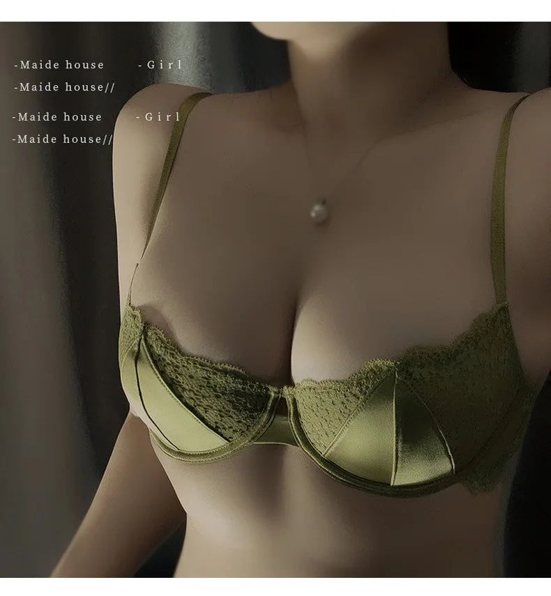 Sexy Hot Bra for Women Half Cup Ultra-thin Lace Large Breasts Show Small Chest Anti-sagging Bra Set Lencerias Sexy Underwear