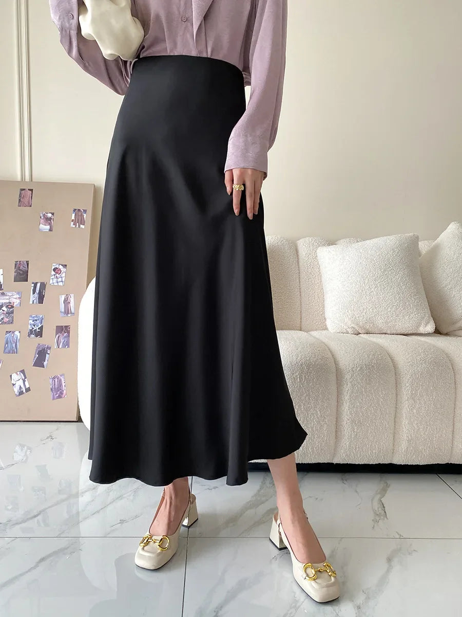 Elegant Skirts for Women Satin High Waisted 2025 New Slim Fit Long Skirt Fashion Temperament Simple Versatile Grey Black Skirts